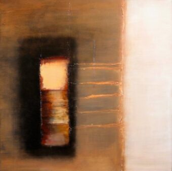 Passage Abstract composition with a glowing rectangular opening in warm brown and amber tones