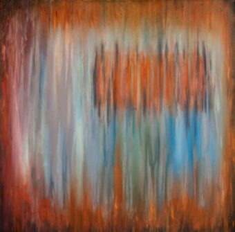 Veil Field Abstract vertical field in warm orange, blue, and pale green tones with blurred layered transitions
