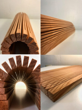 Folded Passage Wood sculpture made from a single cut piece of wood opened into an accordion-like arched form, shown from multiple angles.