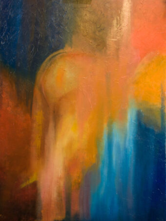 Veiled Figure Blurred abstract figure in warm orange and blue fields