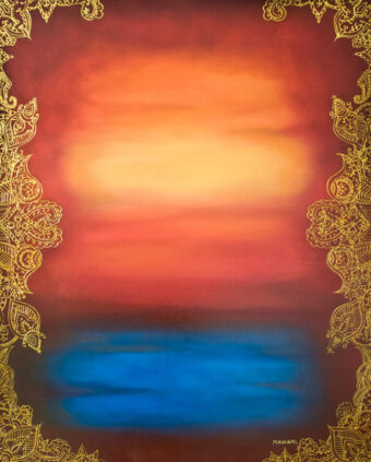 Framed Luminance Luminous abstract field in red and blue framed by gold ornamental edges