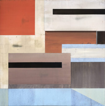 Sunken Geometry Abstract geometric painting with receding planes, warm and cool tones, and layered architectural forms