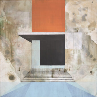 Threshold Abstract architectural composition with a dark central passage, layered planes, and shifting light and shadow