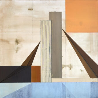 Urban Reverberations Abstract city-like composition with vertical forms, angled lines, and layered surfaces suggesting memory and urban rhythm