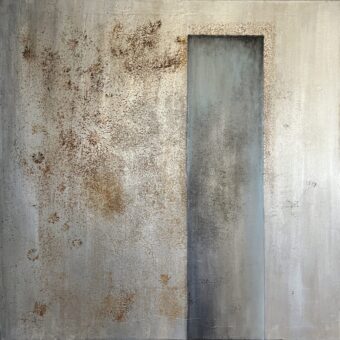 Magnetic Veil Abstract textured painting with rusted iron shavings and a vertical opening suggesting a quiet threshold