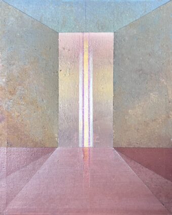 Aligned Abstract architectural painting with a glowing vertical central opening, muted gray-green walls, and a pink-toned floor converging toward the center.