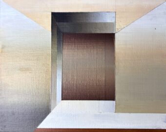 Contained Light II Abstract architectural painting with a recessed central space framed by muted beige, gray, and rust-toned planes, creating the impression of depth and enclosure.