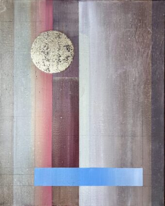 Constraint and Release Abstract geometric painting with vertical muted gray, burgundy, and black fields, a textured circular form near the upper left, and a horizontal blue band crossing the lower portion.