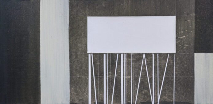 Framework Abstract architectural painting with a raised rectangular form and delicate supports suggesting suspension and balance